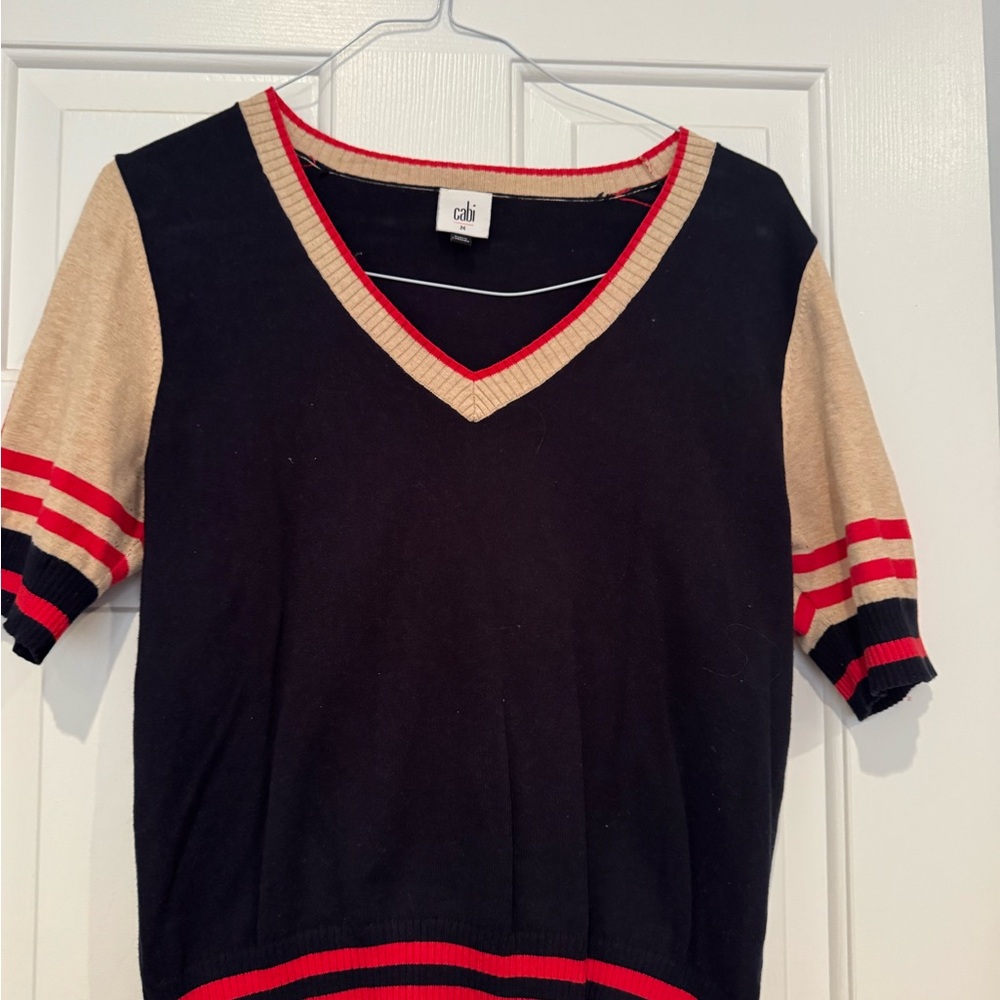 CAbi navy Sweater with Red and Tan Trim